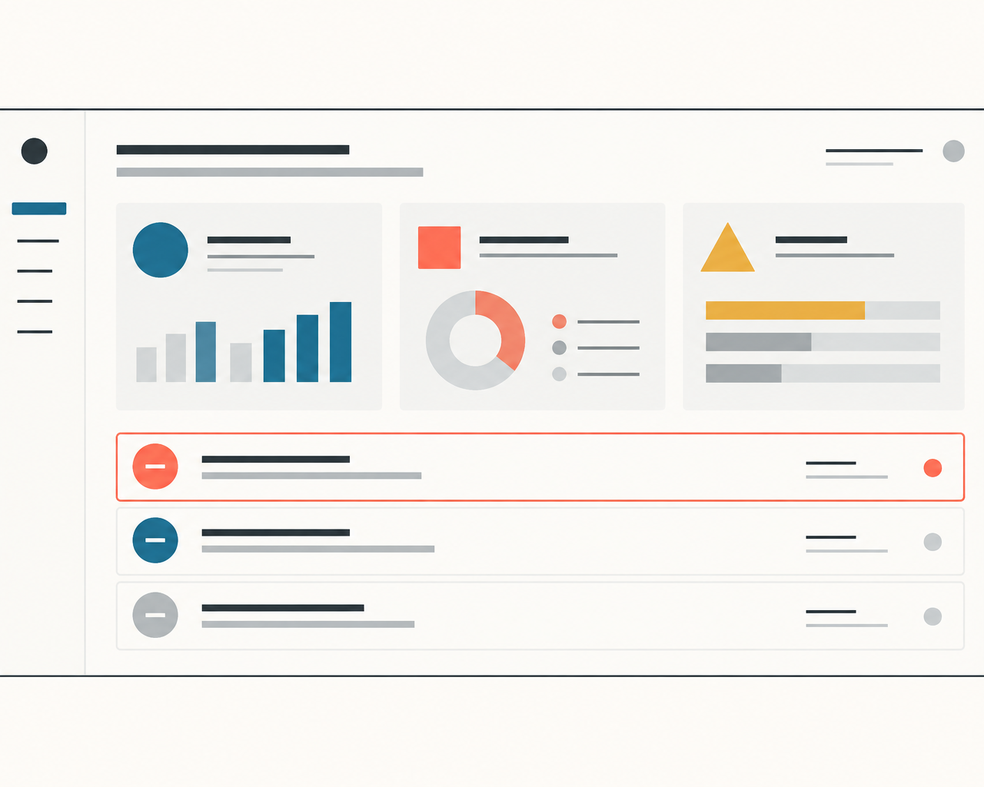 Schematisches Analyse-Dashboard mit Kennzahlen und priorisierten Maßnahmen