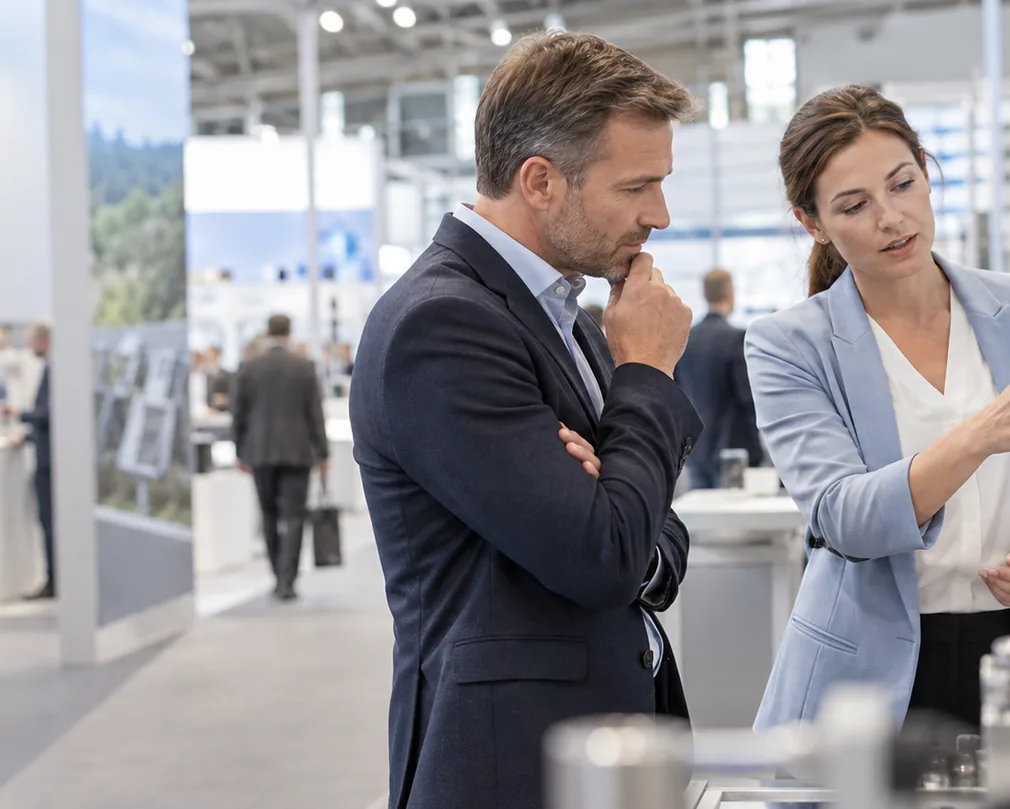 Fachgespräch an einem Industriemessestand – KI-generiertes Symbolmotiv